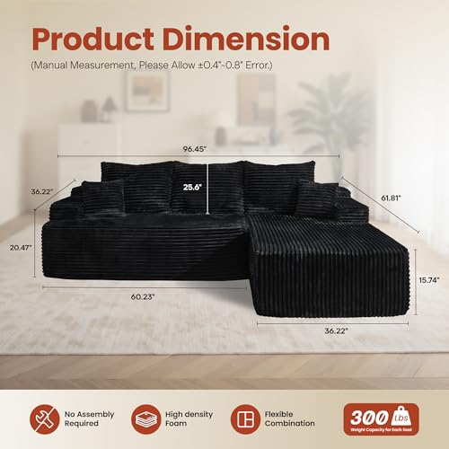 Image of ovios 96 inch Cloud Sectional Couch with L-Shape Chaise,Modern Modular Sofa with Deep Seat, Upholstered Couches for Living Room Bedroom,No Assembly Required, Black (Plush Corduroy Fabric)