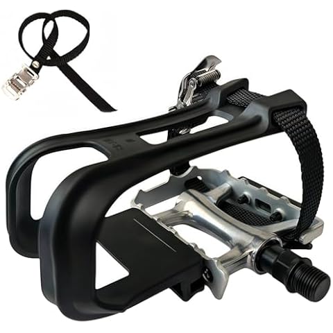 YBEKI All-Terrain Bike Pedals with Toe Clips & Adjustable Straps Dual-Purpose Resin/Alloy Bicycle Pedals 9/16" Spindle - Indoor/Outdoor Use for Exercise/Spin/Road Bikes MTB (Silver) Cover