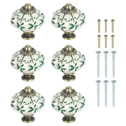sourcing map 6Pcs Ceramic Knobs, 35mm/1.38" Pumpkin Cabinet Knob Drawer Pull Handle Vintage Drawer Knobs with Screws for Vanity Bedroom Furniture Closet, Green