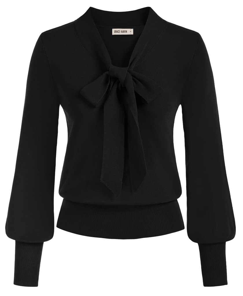 GRACE KARIN Blusa Elegante Donna a Manica Lunga Scollo a V con Fiocco Tinta Unita da Ufficio