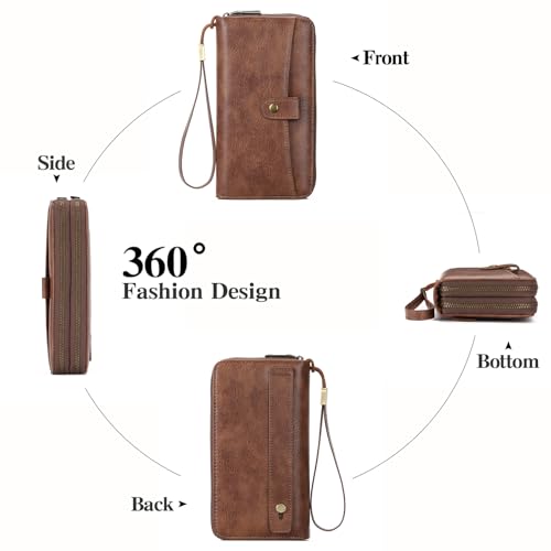 GAEKEAO Womens Wallet Large Capacity Double Zipper Ladies Card Phone Holder RFID Blocking Leather Clutch Wristlet Grip Strap4