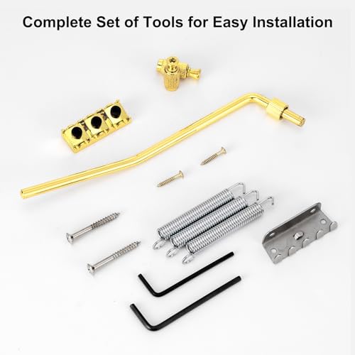 Swhmc Floyd Rose Type Locking Tremolo Bridge, Gold 2-Point Electric Guitar Bridge & Parts Set w/Bar for Strat, Replacement Guitar Hardware