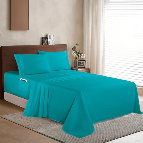 Elegant Comfort Luxury 1500 Premium Hotel Quality Microfiber 4-Piece Sheet Set - Soft, All Around Elastic 18-24 Inches Deep Fitted Sheet - Extra Deep Pocket Sheets, King, Turquoise
