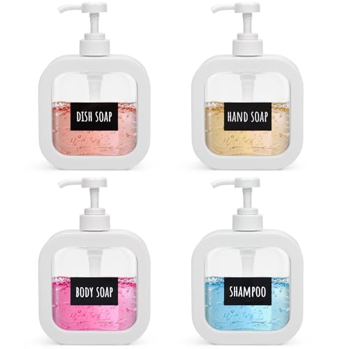 Image of Segbeauty 16.9oz Refillable Bathroom Hand Soap Dispenser, Pack 4 Empty Kitchen Soap Dispenser Pump 500ml Liquid Soap Dispensers for Bathroom, White Plastic Handwash bottle for Kitchen Sink with Labels