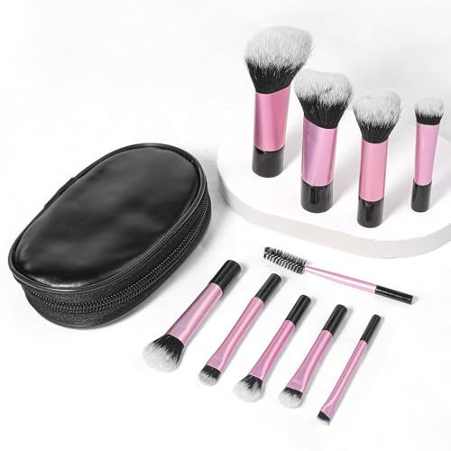 HJZHII 10 Pcs Mini Travel Makeup Brush Set with Pouch, Short Handle Makeup Brush Portable Cosmetic Brushes Travel-Essentials kits Pink Travel Make up Brushes for Women Blush Powder Eye Shadow