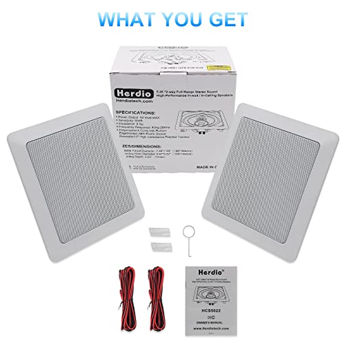 Herdio 5.25 Inch Ceiling Speakers, 160W 2-Way In Wall Speaker, Square Flush Mount Speakers System For Home Theater, Living Room, Office #TOP6