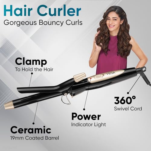 Vega Miss Versatile Styling Set Straightener, Curler & Dryer Gift Combo for Women, 1000W Hair Dryer with 2 Head/Speed Setting, Hair Straightener & Curler comes with Ceramic Coated, (VHSS-03), Black (Image - 5)