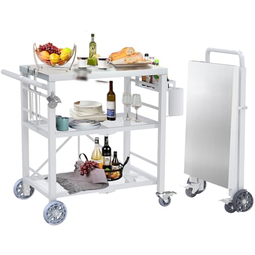Folding Grill Table with Storage Rack, Stainless Steel Outdoor BBQ Cart, 3 Shelf Portable Grill Cart, Outdoor Kitchen Island and Pizza Oven Table for Blackstone Griddle