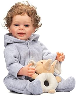 ROSHUAN Reborn Baby Boy 22 inch Anatomically Correct Baby Boy Doll Silicone Full Body Realistic Boy Toddler Baby Dolls Curly Hair with Teeth for Boys Girls Gift