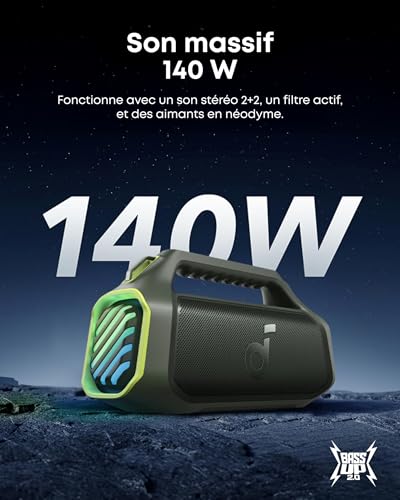 Soundcore Boom 2 Plus Enceinte Bluetooth puissante, 140W, 2+2 canaux stéréo, BassUp 2.0,Charge Rapide 30W, 20h, IPX7, lumières RGB, USB-C, pour l'extérieur, Le Camping, la Plage et Le Jardin