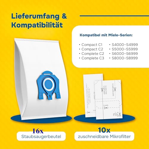 16x Staubsaugerbeutel für Miele Staubsauger kompatibel mit Miele GN Serie S8340 S2 S4 S5 S6 S8, Complete C2 C3 Classic C1 Ersatz für 9917730 12281680 inkl. 5 Motorfilter & 5 Abluftfilter