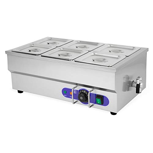 VERTES Scaldavivande a Bagnomaria Elettrico Professionale(1500 W, 6 x Contenitori 1/6GN, 6 x 1,6 L con Coperchio, Rubinetto di Scarico, Acciaio Inox, Temperatura 50-200°C Gradualmente Regolabile)