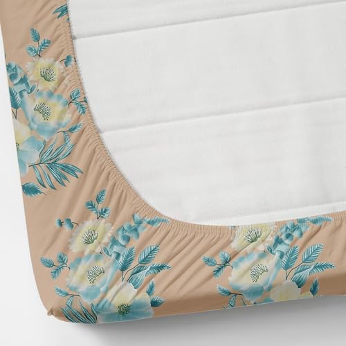 Image of VOMZER 300 TC Cotton Elastic Fitted Bedsheets Single Bed with 1 Pillow Cover | Single Bed with All Around Elastic, Size 36 x 72 x 8 Inches, Aqua Leaves