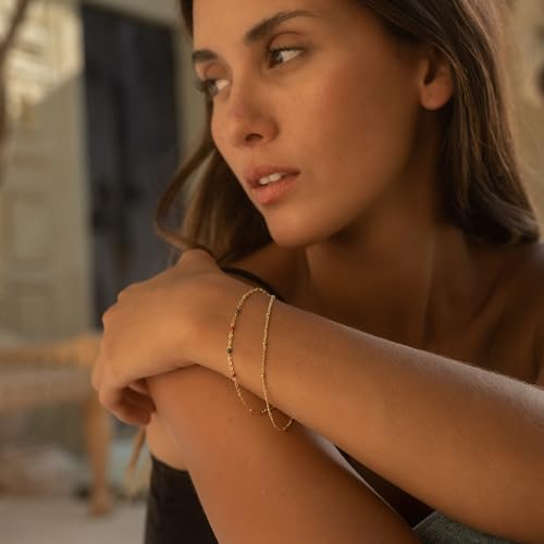 Made by Nami Dainty Gold Link Bracelets for Women Adjustable Double Layered Gold Chain Bracelet with Colorful Beads 7.5" + 2" Chain Extension3
