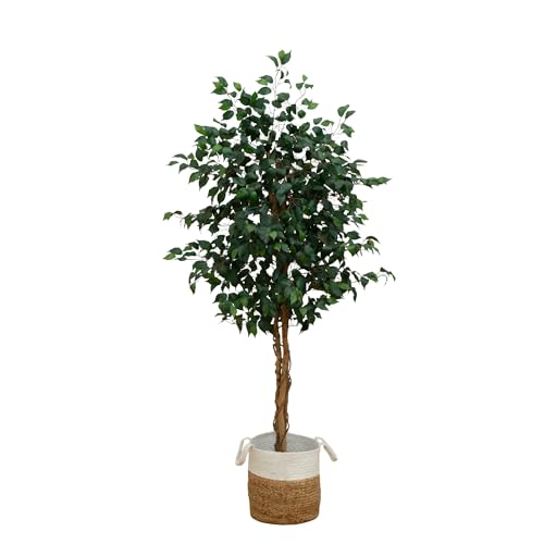 Nearly Natural 6ft. Triple Trunk Ficus Artificial Tree with Natural Trunks in Handmade Natural Jute...
