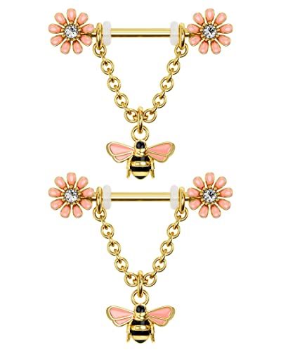 CM Crareesi Mania Brustwarzenpiercing 14G Edelstahl Bienen blumen Nippelringe Gold Brustwarzen Barbell für Frauen