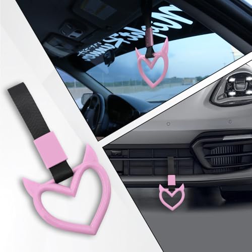Image of 2PCS Heart shaped Car Handle Straps, Heart Car Accessories, Ring Hearts Shaped Cars Hand Strap Drift Charm, Universal Handle Keychains Accessory Suitable for Cars Bus (Pink+black)