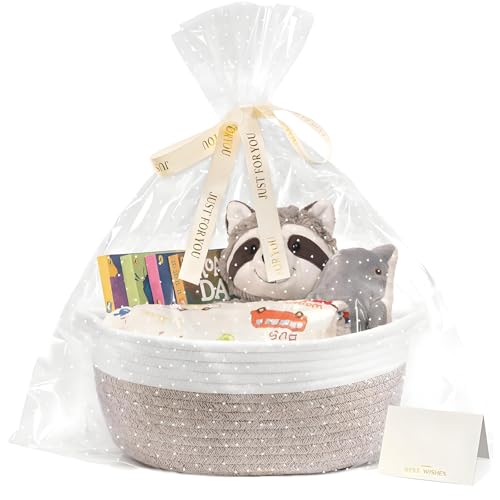 Geschenkkorb Leer Baumwollseilweberei Geflochten Korb für Geschenke mit Geschenktüten Bändern Grußkarte Präsentkorb Leer mit Henkel Aufbewahrungskorb für Babyparty Geburtstag Hochzeit