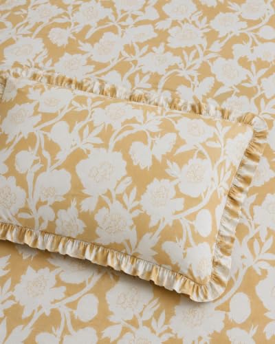 Image of 380 TC Premium Glace Cotton Elastic Fitted Bedsheet King Size with 2 Pillow Covers King Size | Double Bed with All Around Elastic (Yellow Floral, Fitted Queen-60x78)