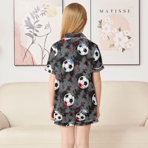 Satin Pajama Sets Short Sleeve Soccer Ball Sport Button Down Silky Nightwear 2 Piece PJS 5-14Y4