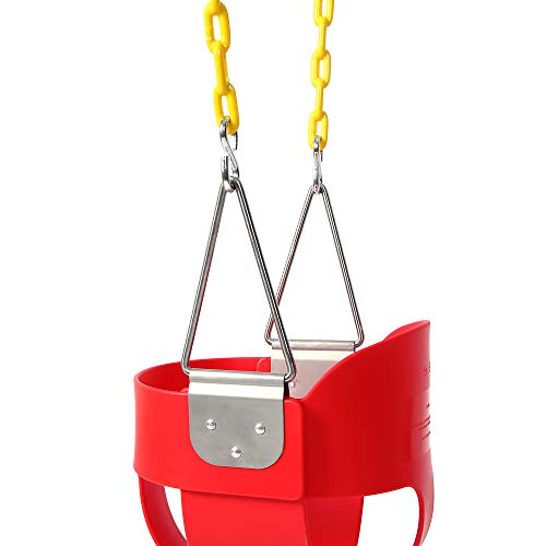 Take Me Away High Back Full Bucket Toddler Swing Seat with Yellow Coated Swing Chains Fully Assembled - Heavy-Duty Swing (Red)