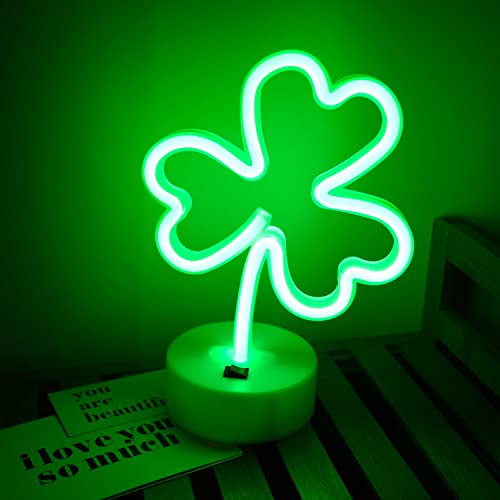Image of Neon Sign Shamrock Shaped St. Patric's Day Night Light, LoveNite USB & Battery Operated Green Clover Glowing Neon Decorative Irish Shamrock Light Table Decor for Room Party Decorations (3-Clover)