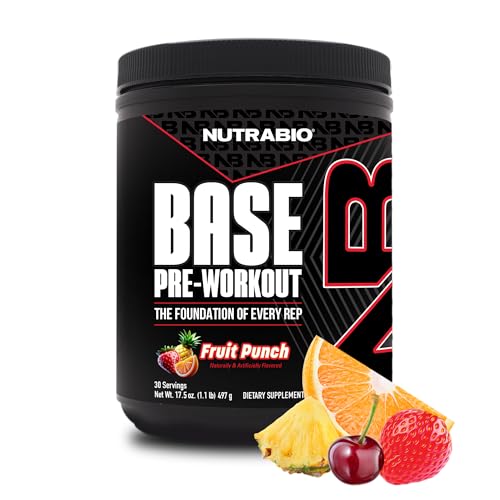 NutraBio Base Pre-Workout Powder 200mg Caffiene, Sustained Energy, Focus, Endurance, Pump, Sugar Free, Clean Preworkout for Men and Women - Beta Alanine, L-Tyrosine, 30 Servings - Fruit Punch