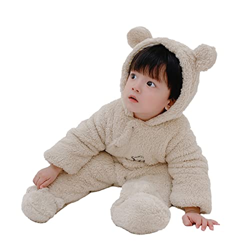 Banooo Bebé Traje de Nieve Traje de Invierno Fleece Pelele Oso Mameluco de Invierno Monos Footies Onesies para Niños Niñas 0-12 Meses, Caqui, 0-3 meses Cover