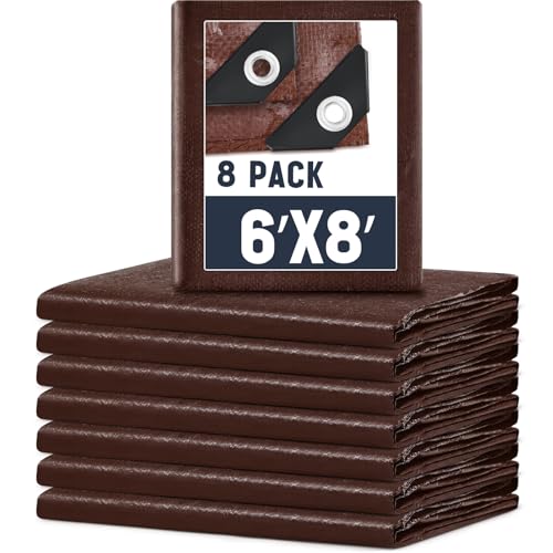 Image of 8 Pack 6 x 8 ft Brown Tarps Heavy Duty 5.5 Mil Waterproof Durable, Water Resistant, Rip & Tear Proof, Reinforced Edges, Multipurpose Firewood, Farm, Camping, Roof, Boat & Emergency Shelter