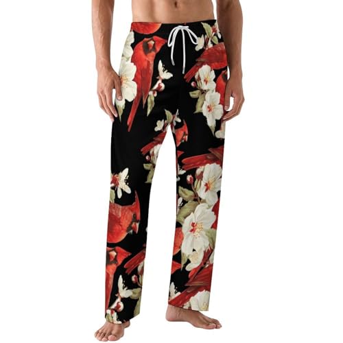 Red Cardinal Bird Flower Mens Pajama Pants Print Lounge Pant PJ Bottoms Sleepwear Loungewear