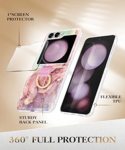 Image of Case for Samsung Galaxy Z Flip 5 Case with Ring, [Precise Camera Protection]+[1*Screen Protector], Wireless Charging Anti-Scratch Shockproof Case for Z Flip 5 5G (Pink Green)