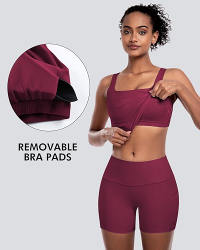 Womens Sports Bras 5 Packs - Square Neck Longline Workout Crop Tank Tops Padded Yoga Camisole with Built in Pads4