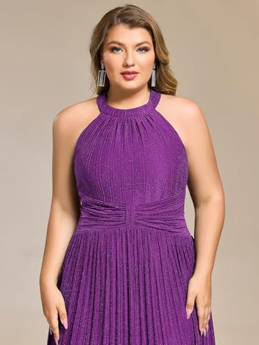 Image of Ever-Pretty Plus Women's Floor Length A-Line Halter Sleeveless Pleated Glitter Plus Size Formal Dress Evening Gown
