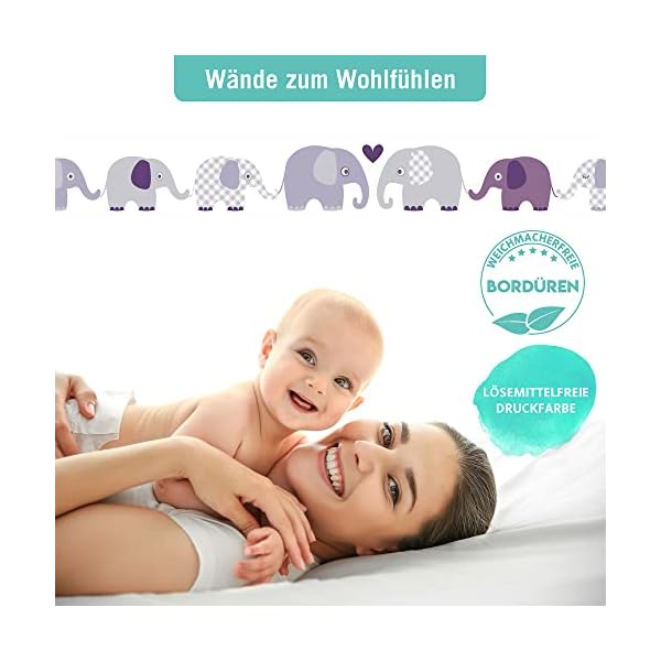 lovely label Bordüre selbstklebend Elefant GRAU LILA - Wandbordüre Kinderzimmer Babyzimmer mit Elefanten - Wandtattoo… – Bild 6