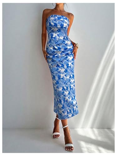 Image of Milumia Women's Boho Floral Tube Dress Wedding Guest Strapless Backless Bodycon Cocktail Summer Long Dresses
