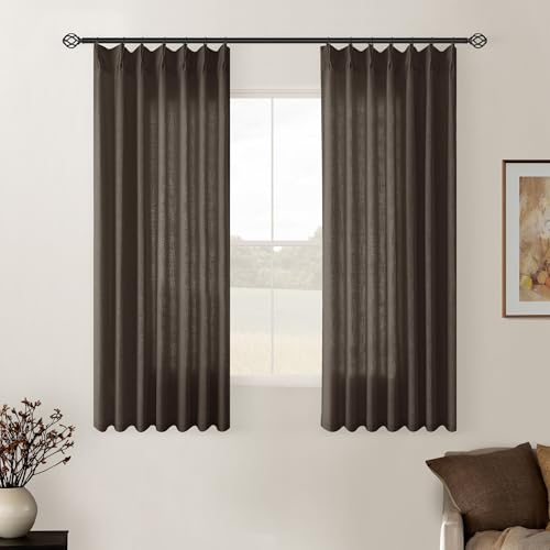 Image of TWODRAPES Dark Chocolate Pinch Pleated Linen Curtains 2 Panels for Living Room Bedroom Memory Training Shaped Semi Sheer Pleat Drapes with Hooks Rings Light Filtering Window Curtain 40x45