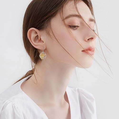 Image of LUHE Bee Earrings for Women 925 Sterling Silver Bumble Earrings with Honeycomb Honeybee Jewelry Dangle Gifts for Women
