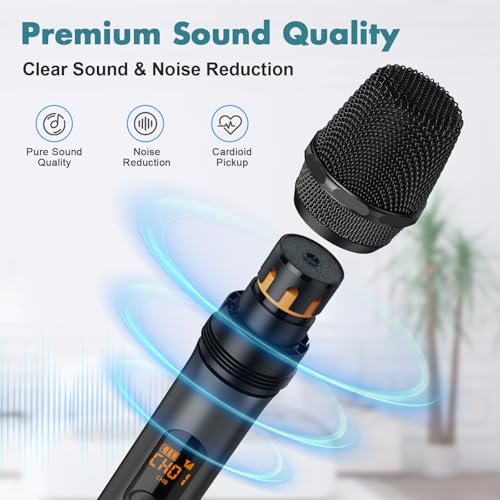 Wireless Microphones, Professional UHF Metal Dual Handheld Cordless Dynamic Mic System with Rechargeable Auto- Receiver, 160 ft Range, Microphone for Karaoke, Party Singing, Lecture, DJ, Wedding