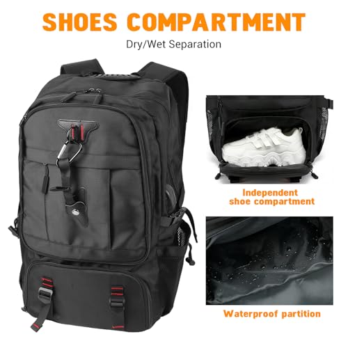 Image of ZORBES Large Laptop Backpack with Shoe Compartment, 80L Oxford Cloth Suitcase Waterproof Rucksack 17 Inch, Travel Outdoor Hiking School Gym Work College Bags for Men Women