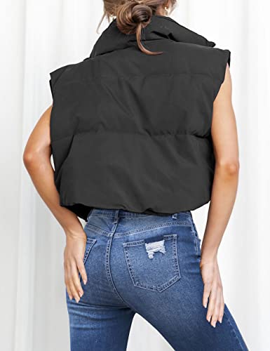 Merokeety Women's Stand Up Collar Solid Color Crop Puffer Jacket Vest Warm Outerwear Padded Gilet,Black,M #TOP3