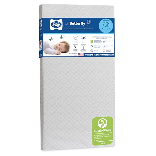 Image of Sealy Baby Butterfly Crib Mattress plus Toddler Bed Fit, Premium American Foam, Washable Easy to Clean Zip Off Cover, GREENGUARD Gold Certified, Safety & Quality Tested, Made in USA, 52 inchX28 inch