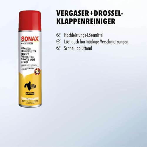 SONAX Vergaser + DrosselklappenReiniger (400 ml) Hochleistungs-Lösemittel für stark verschmutzte und verkokte Motorteile | Art-Nr. 04883000
