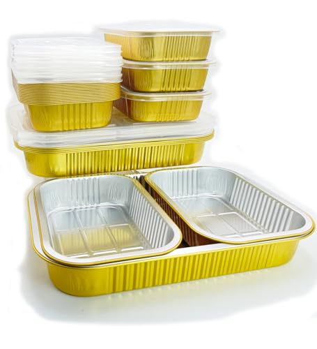 Notwoe 30 Stück Aluschalen Grill,Grillschalen Aluminium 2500ml-10Stück/1050ml-10Stück,Aluschalen Mit Deckel,Alu Grillschalen Wiederverwendbar,Grill Aluschalen Für Kochen (Gold-330-10Stück/mit Deckeln)