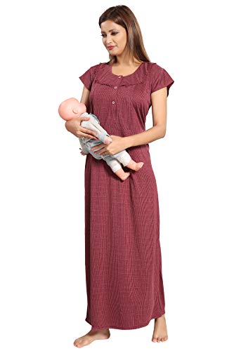 Fabme Women’S Textured Blended Cotton Maternity/Feeding/Nursing Nighty – (Bust Size 38″ / Large Size) (Maroon)