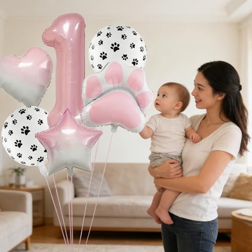Image of 1st Birthday Dog Paw Balloons Set,18'' Paw Prints, Heart,Star,Paw Shaped Foil Balloon 40 Inch Pink Number 1 Helium balloons for Puppy Themed Baby Shower First Birthday Party Decorations Supplies 6PCS