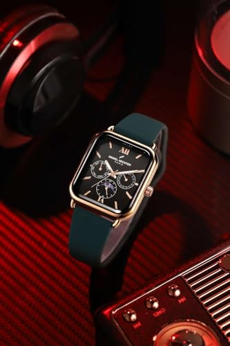Image of Daniel Hechter Paris Montmartre Unisex Multifunction Square Watch - Black Dial with Day-Date & 24-Hour Subdials, Moonphase Display, Sustainable Silicone Strap