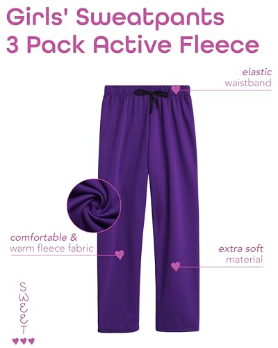 Sweet Hearts Girls' Sweatpants - 3 Pack Active Fleece Open Bottom Sweatpants - Casual Performance Pants: Made in USA2