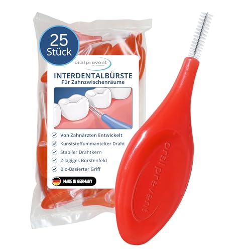 25 Stück: ORAL PREVENT Interdentalbürsten - Zahnreinigung für die Zwischenräume - Zahnzwischenraumbürste - Zahnstein-/Kariesprävention - Rot - 0,60 mm - ISO 3