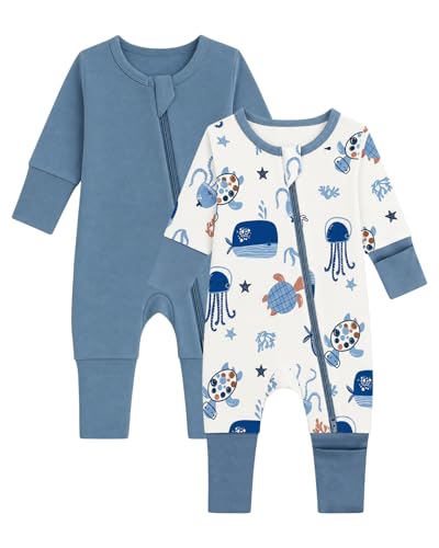 Image of JiAmy 2 Pack Baby Sleepsuits Baby Grows Cotton Two-Way Zip Long Sleeve Footed Pajamas with Mitten Cuffs Newborn Clothes for Boys Girls 3-6 Months Blue Ocean