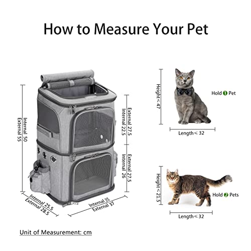FASNATI Rucksack für 2 Katzen, 2-in-1, abnehmbares Doppelfach, bis zu 12 kg, Transporttasche, faltbar und belüftet, ideal für große Katzen und kleine Hunde, Grau